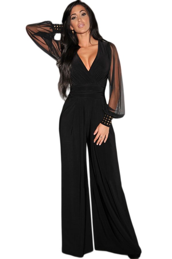 Black Embellished Cuffs Long Mesh Sleeves Jumpsuit