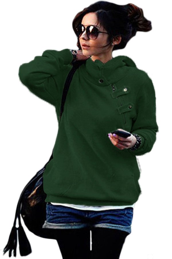 Green Button Zip Detail Warm Pocket Hoodie