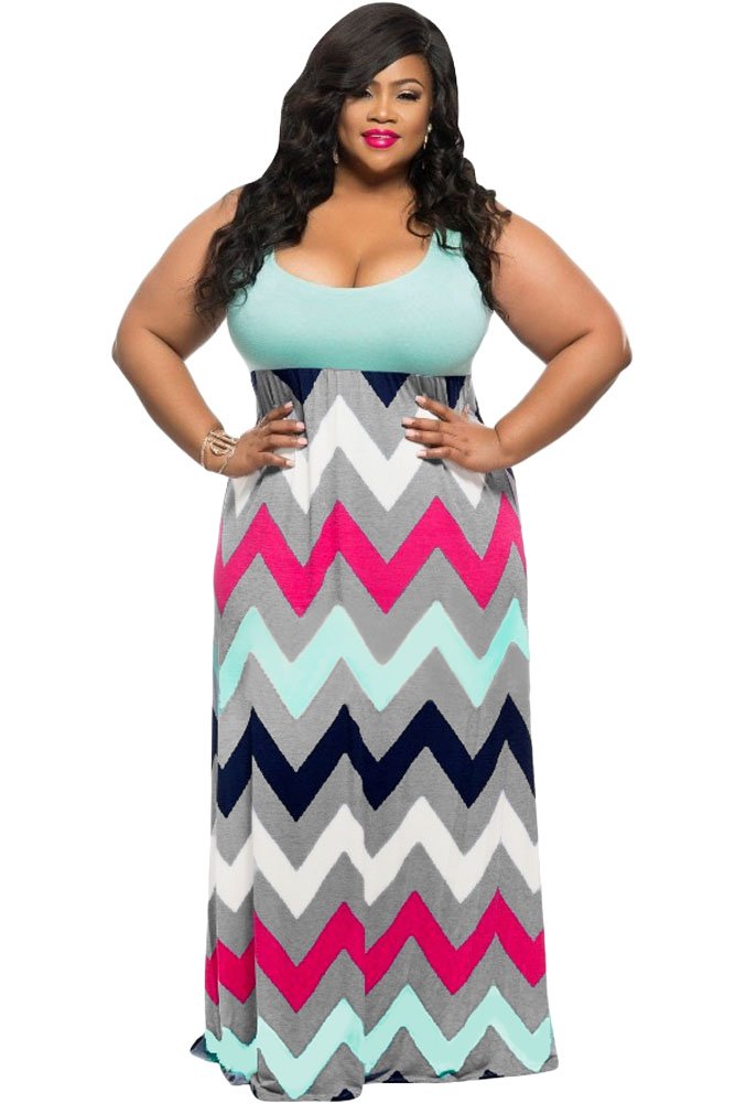 Plus Size Light Blue Top Multicolor Zigzag Maxi Dress