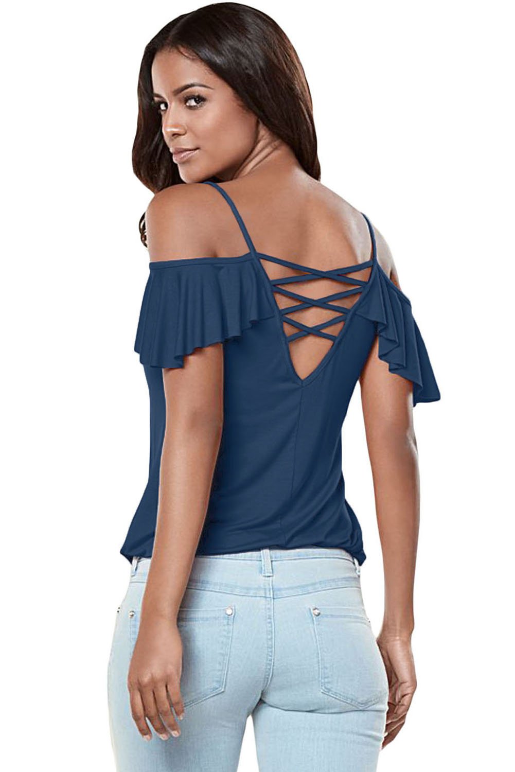 Navy Blue Crisscross Back Ruffle Cold Shoulder Top