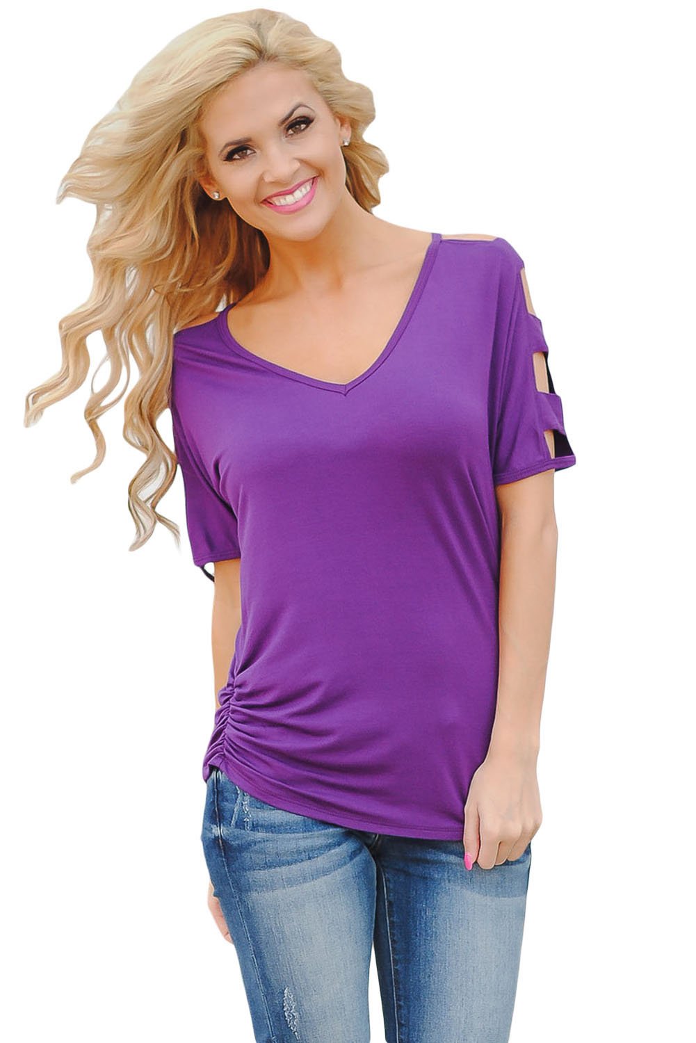 Purple Cold Shoulder Ruched Sides T-shirt