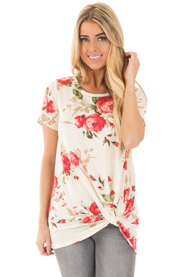 Reddish Floral Short Sleeve Knot Top