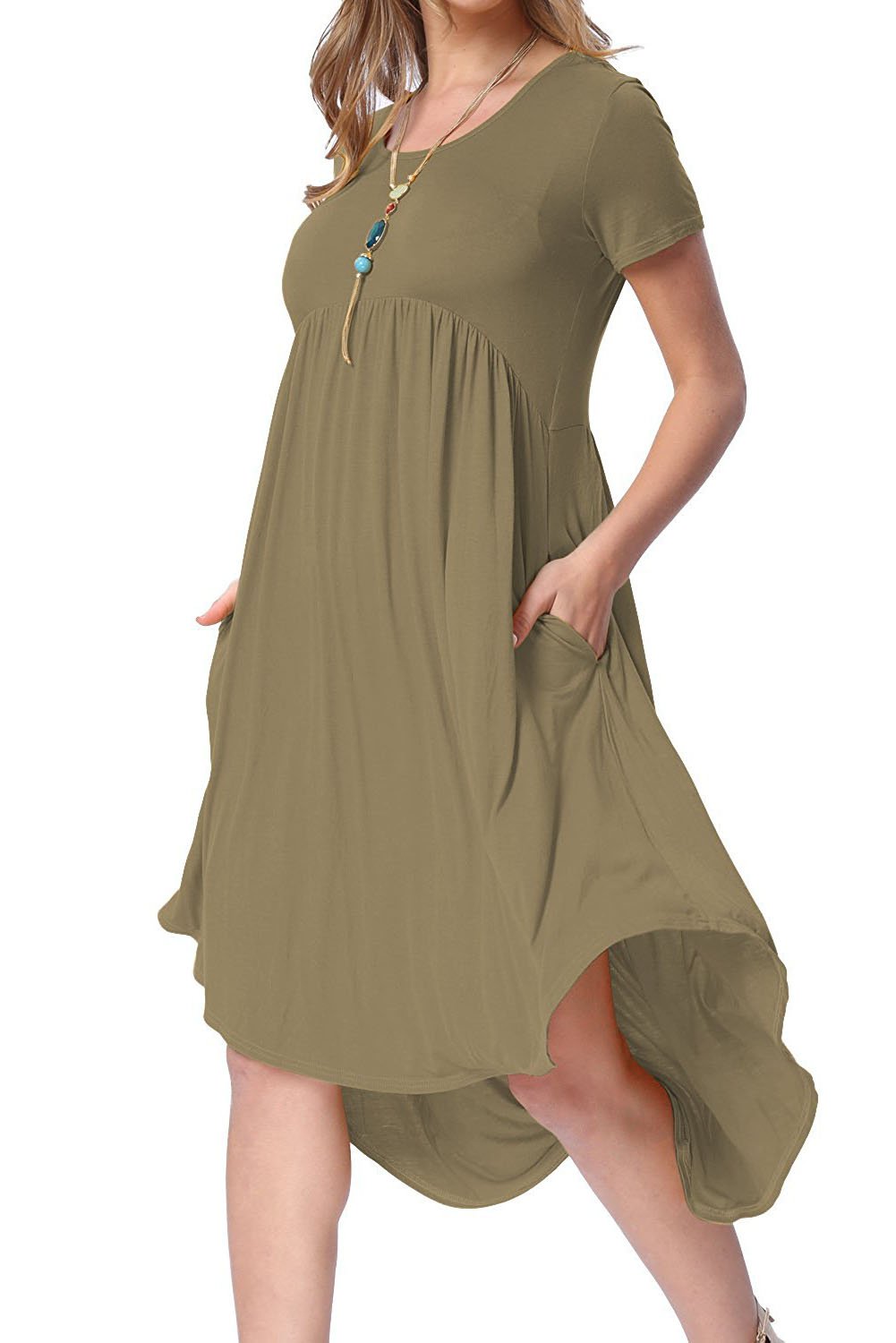 Army Green Short Sleeve High Low Pleated Casual Swing Dress