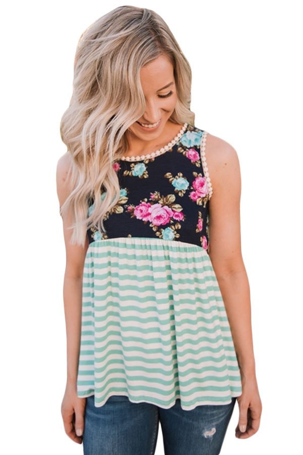 Mint Stripes and Floral Womens Tank