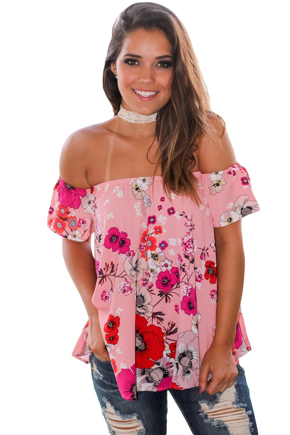 Pink Red Floral Off Shoulder Blouse