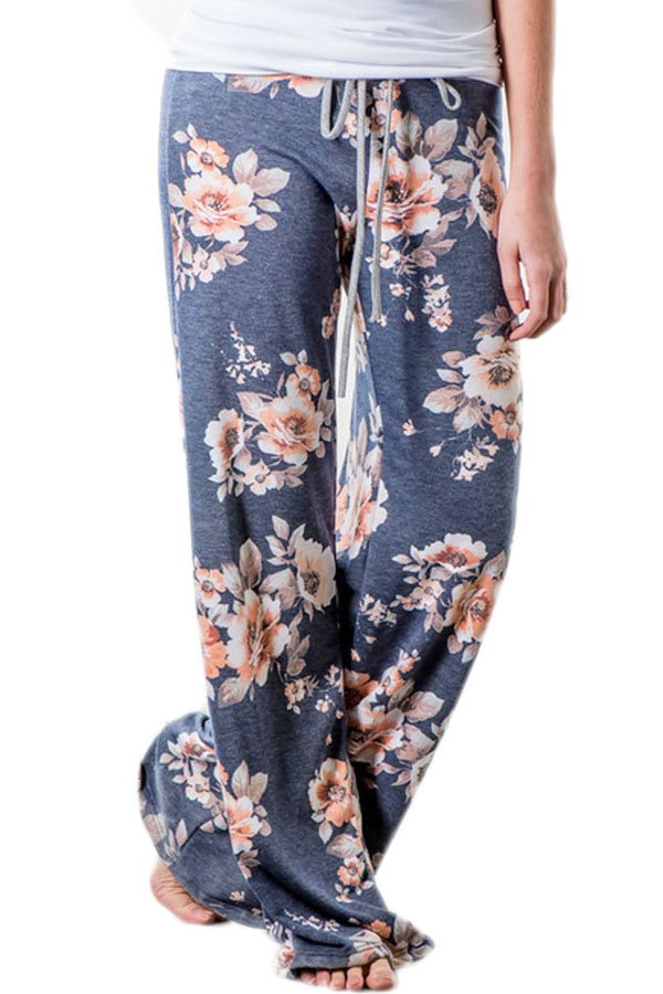 Deep Grey Floral Terry Wide Leg Pants