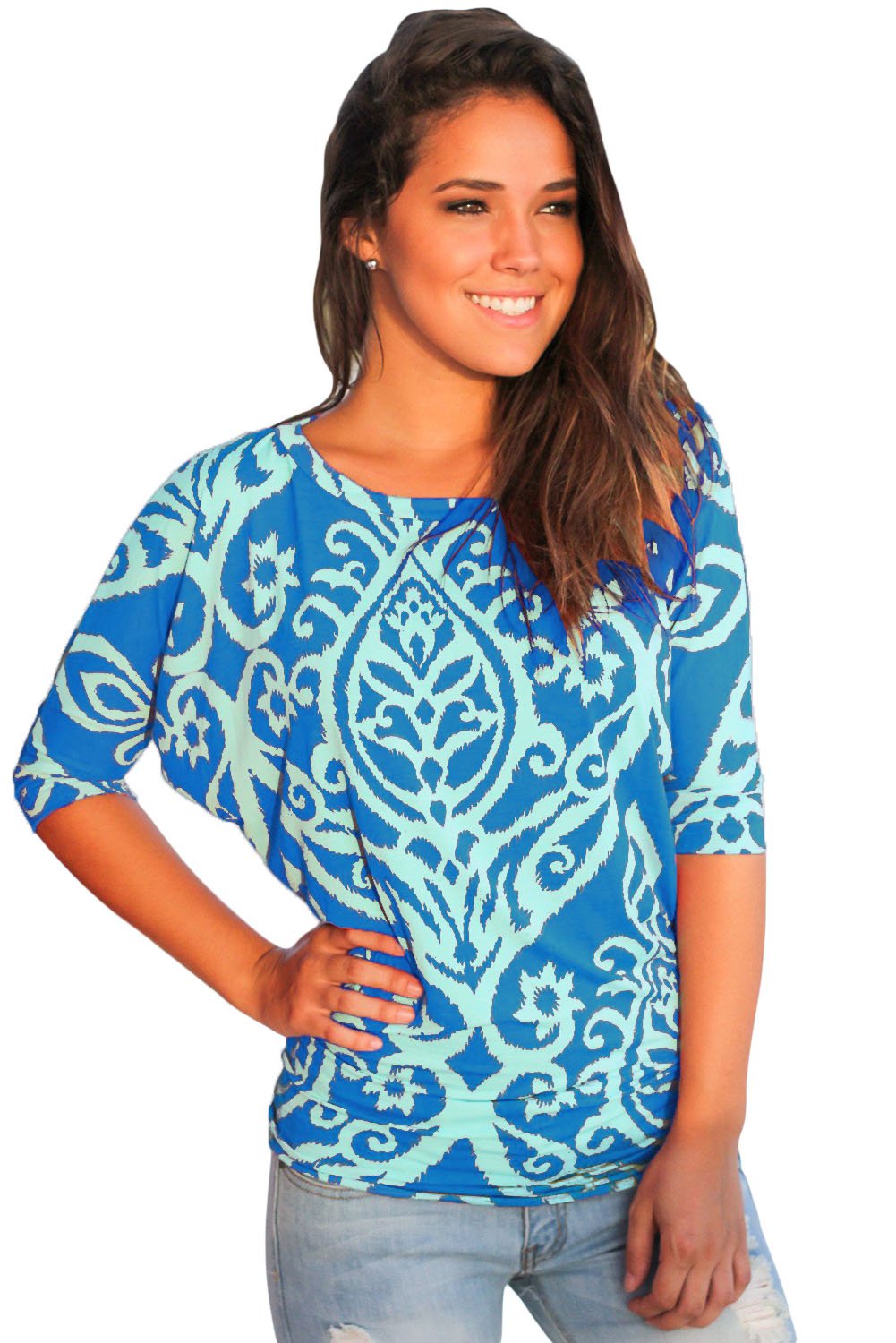 Royal Blue Aqua Damask Print Half Sleeve Top