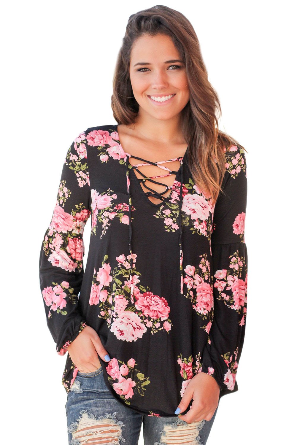 Black Floral Criss Cross Long Sleeve Top
