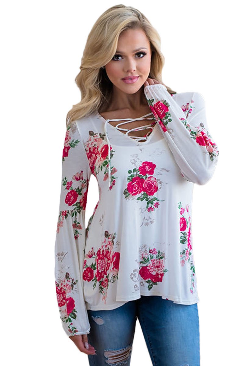 White Floral Criss Cross Long Sleeve Top