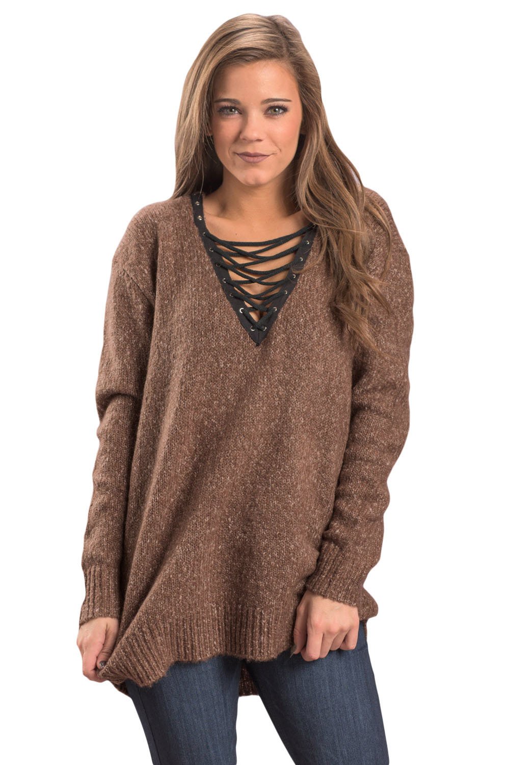 Tan Chic Long Sleeve Sweater with Lace up Neckline