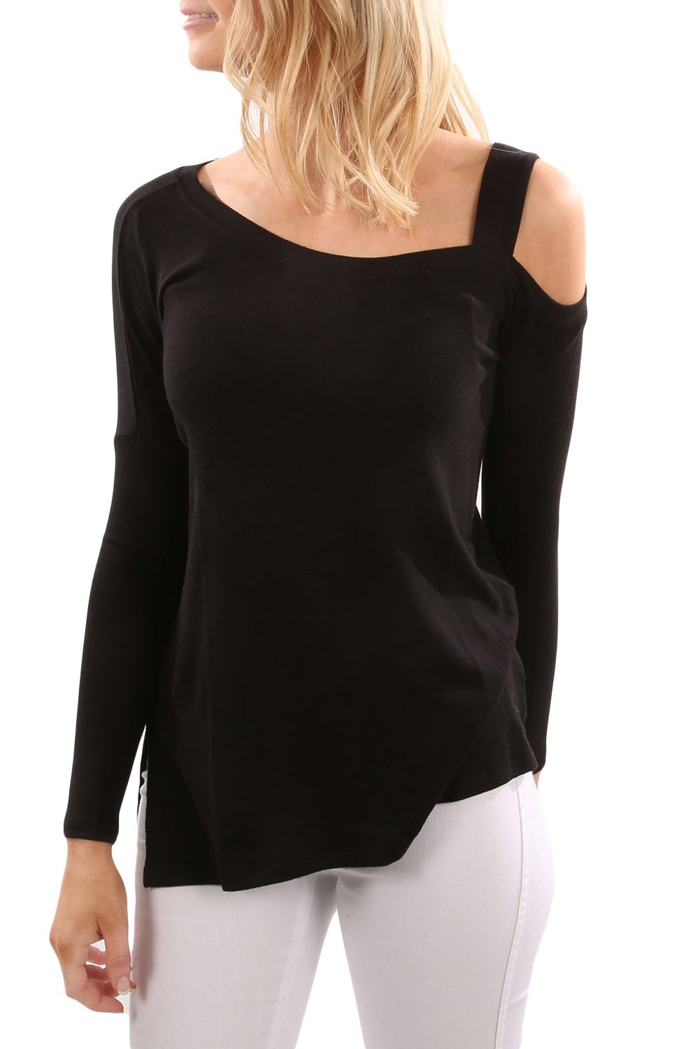 Black One Shoulder Long Sleeve Top with Slit