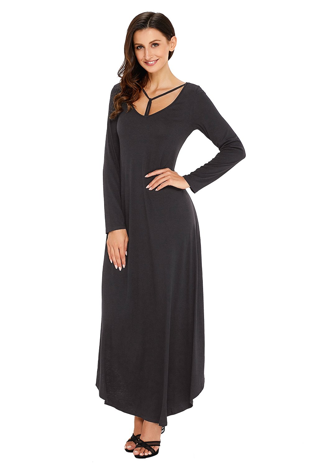 Black Y Strap Neckline Relaxed Long Jersey Dress