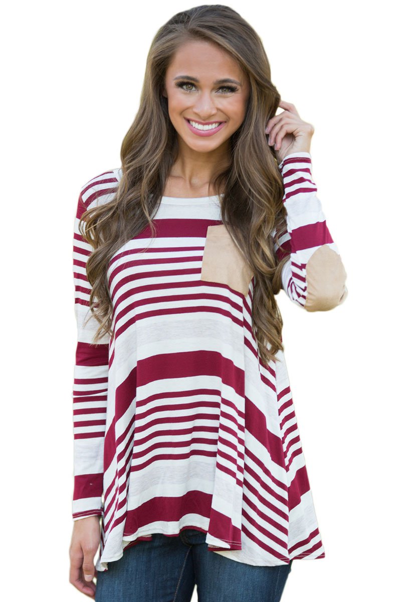 Burgundy Striped Patch Elbow Raglan Blouse