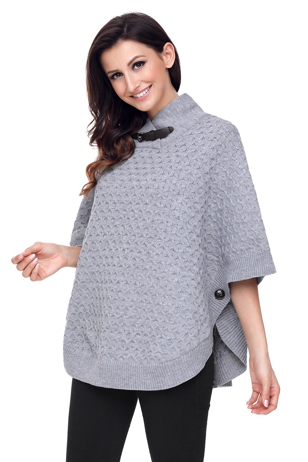 Gray High Neck Waffle Knit Poncho