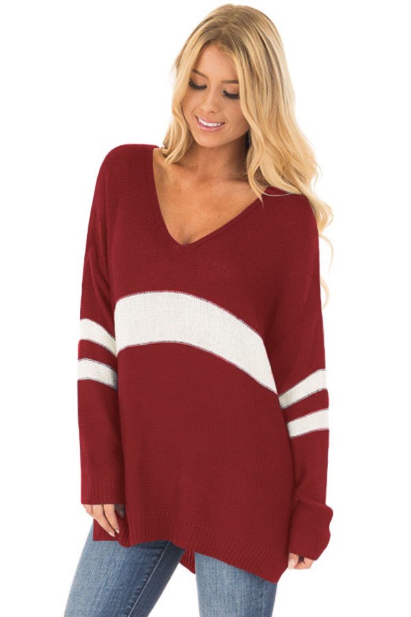 White Strip Red V Neck Sweater