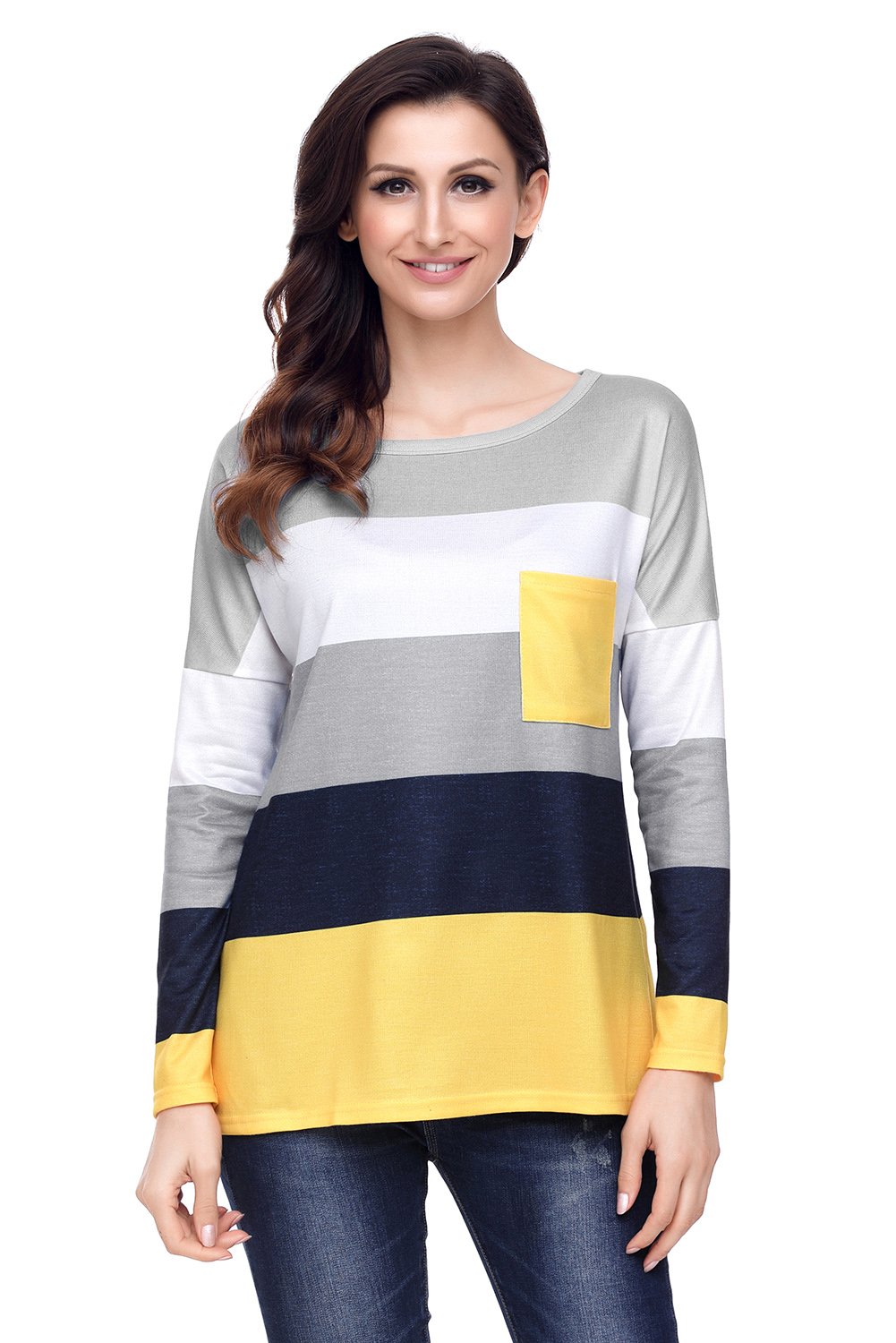 Black Yellow Colorblock Pocket Pullover Tunic Top
