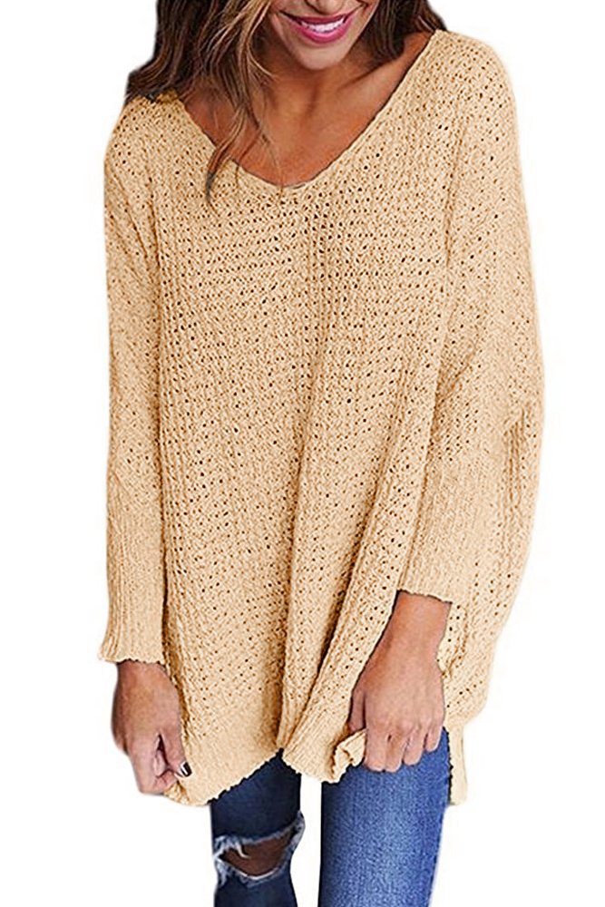 Khaki Oversized Long Sleeve Knitted V-Neck Sweater