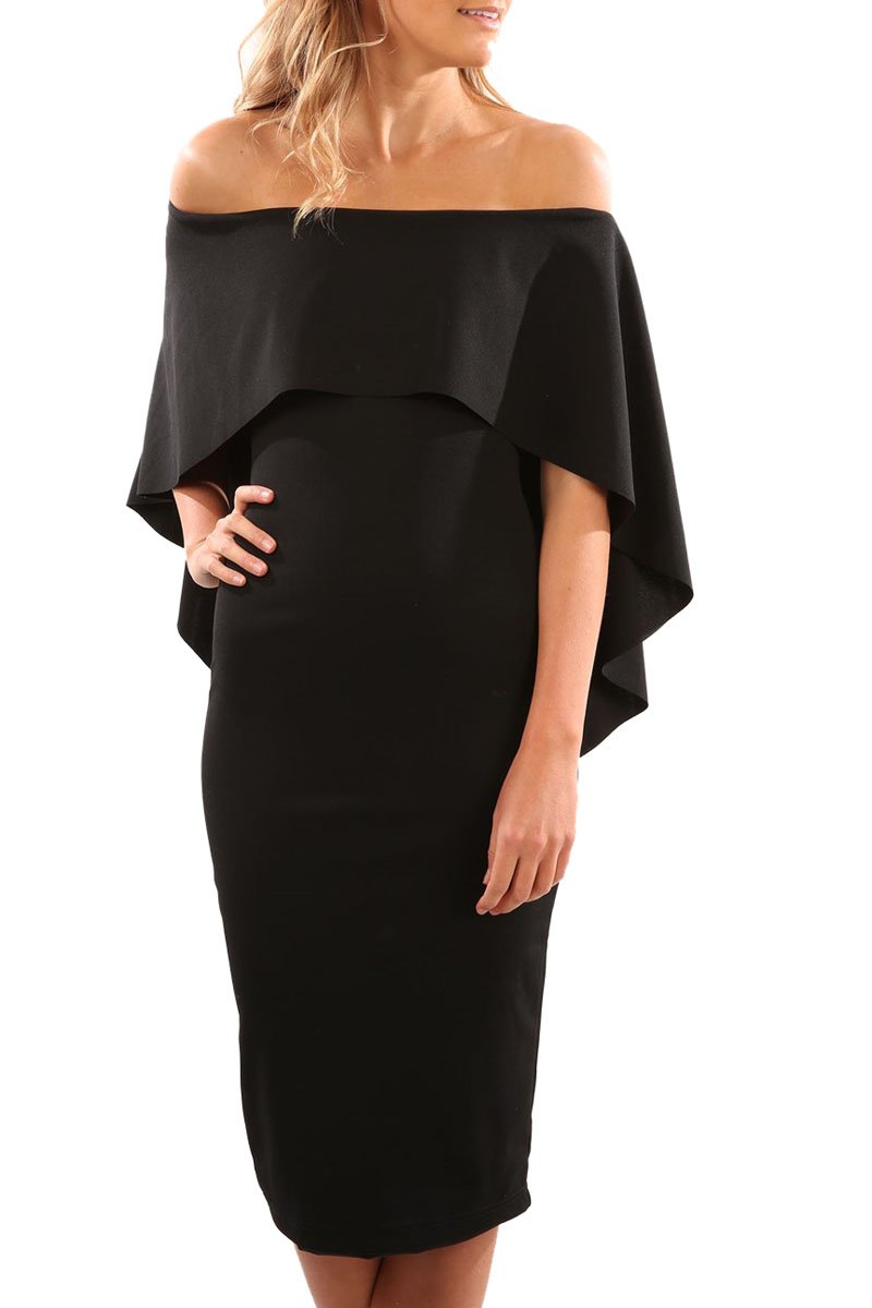 Black Luxurious Off Shoulder Batwing Cape Midi Dress