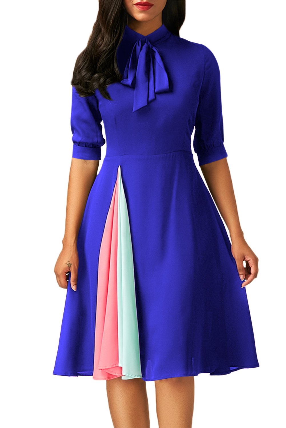 False Slit Splice Royal Blue Bow Tie Vintage Dress