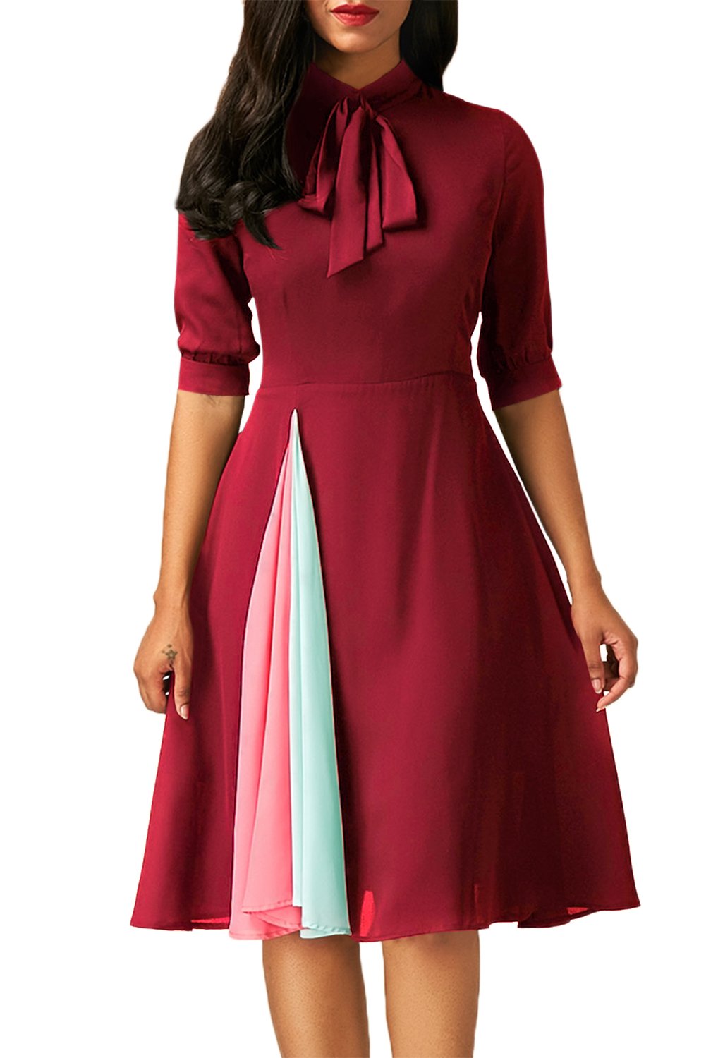 False Slit Splice Burgundy Bow Tie Vintage Dress