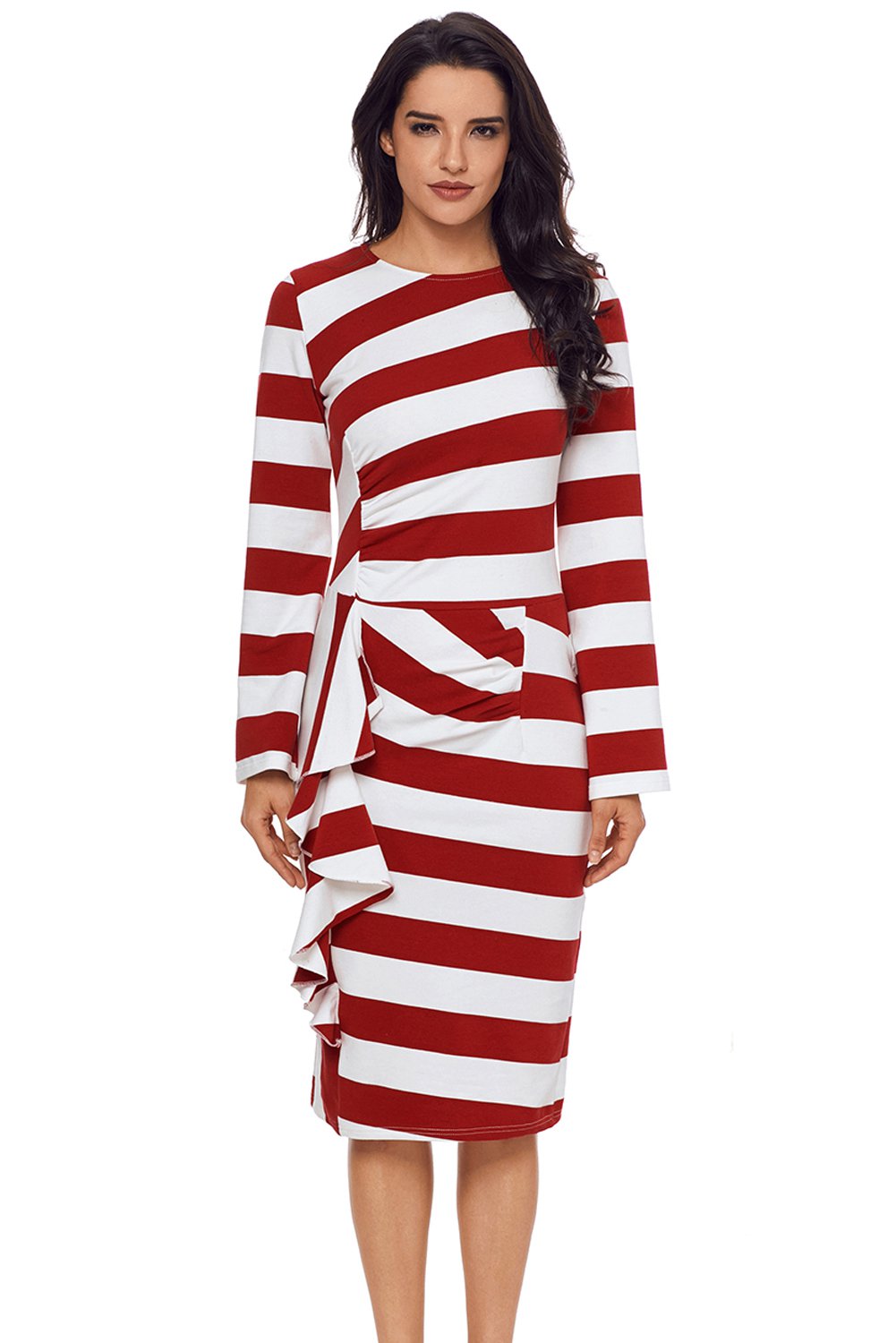 Burgundy Striped Ruffle Side Back Slit Long Sleeve Midi Dress