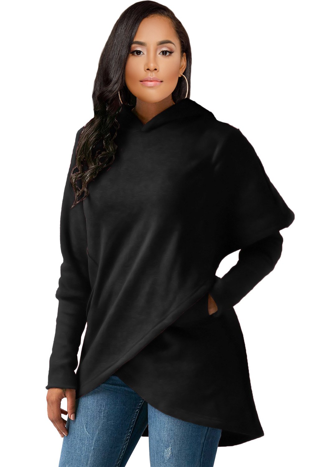 Black Tulip Wrap Cape Style Long Sleeve Hoodie