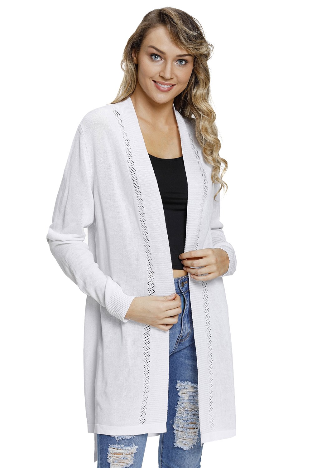 White Ribbed Open Front Long Sleeve Cardigan