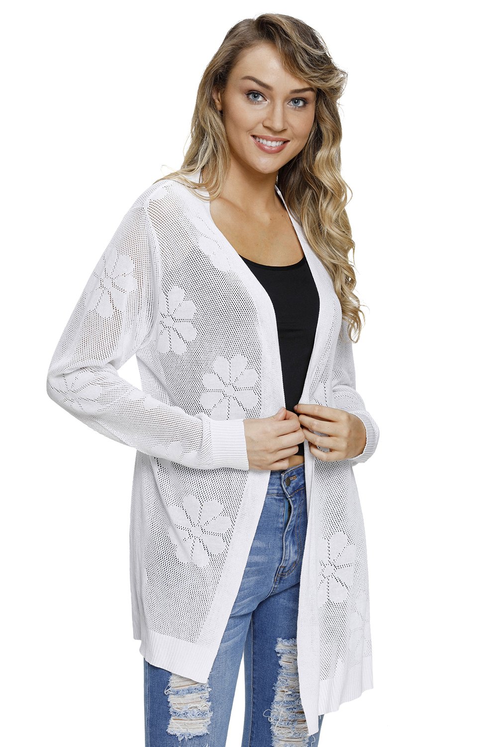 White Flowery Knit Sheer Hollowed Cardigan