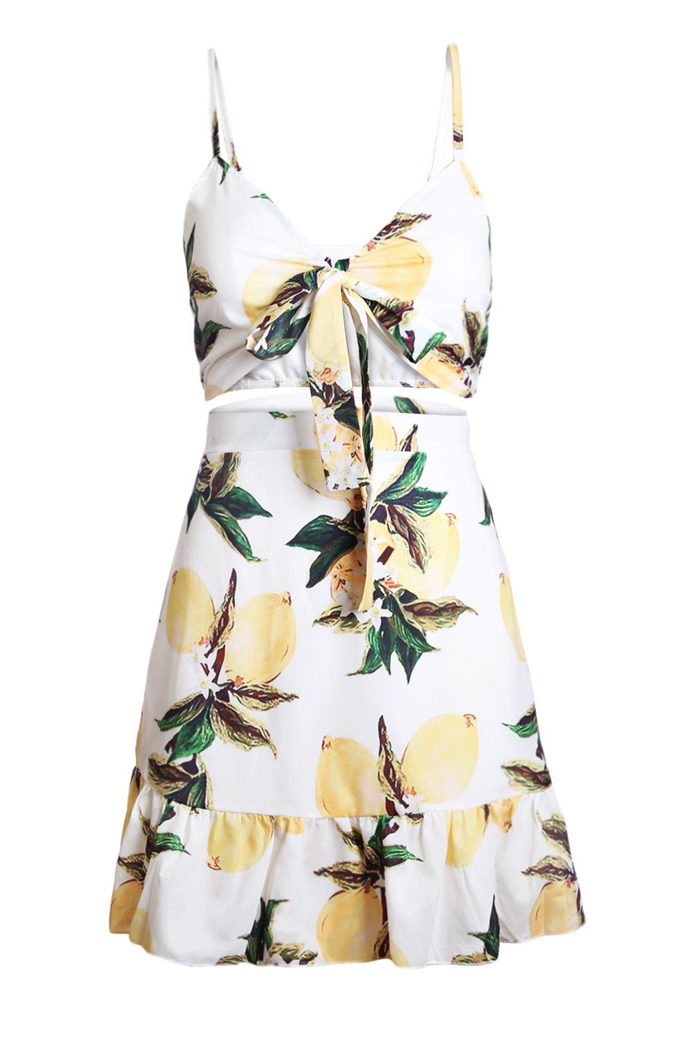 White Fruity Print Tie Front Bralette and A-line Mini Skirt