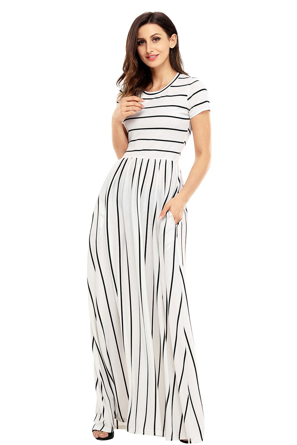 Black Striped White Short Sleeve Maxi Dress