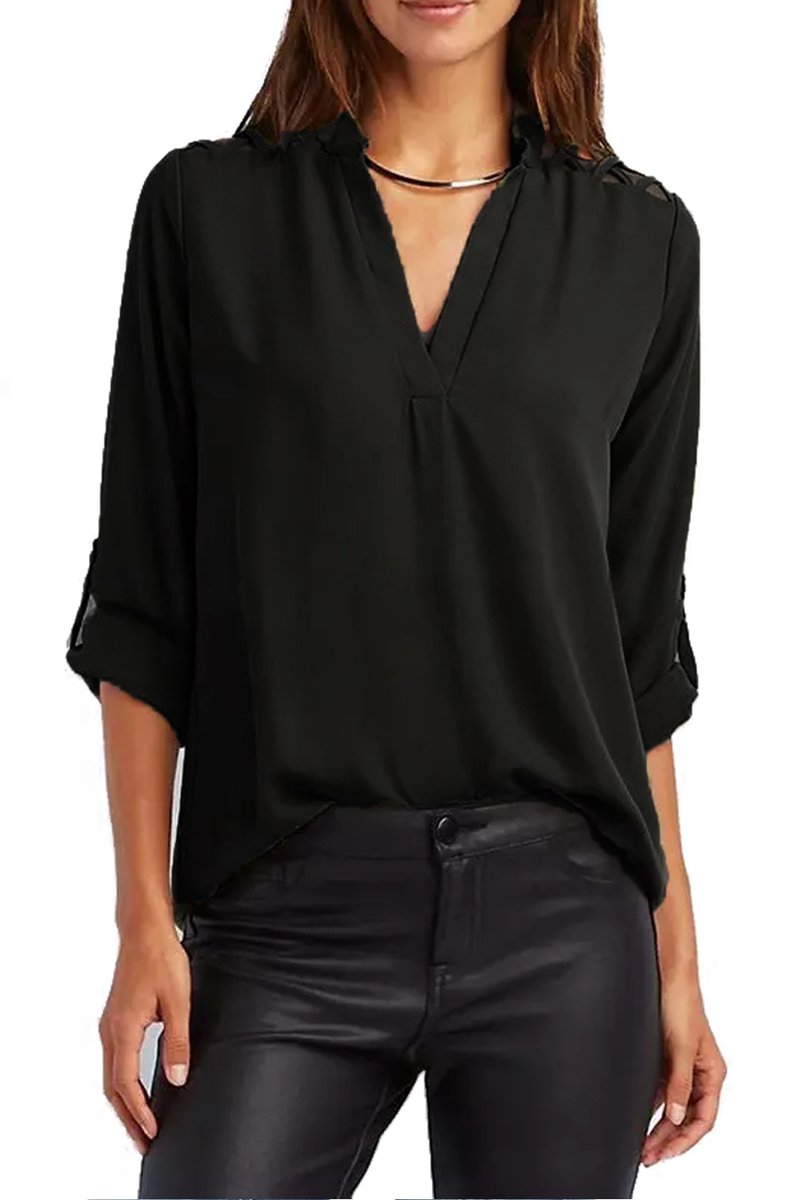 Black Crisscross Shoulder Detail Roll Tab Blouse
