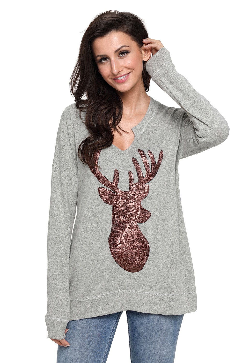 Gray Women’s Sequin Christmas Reindeer Top