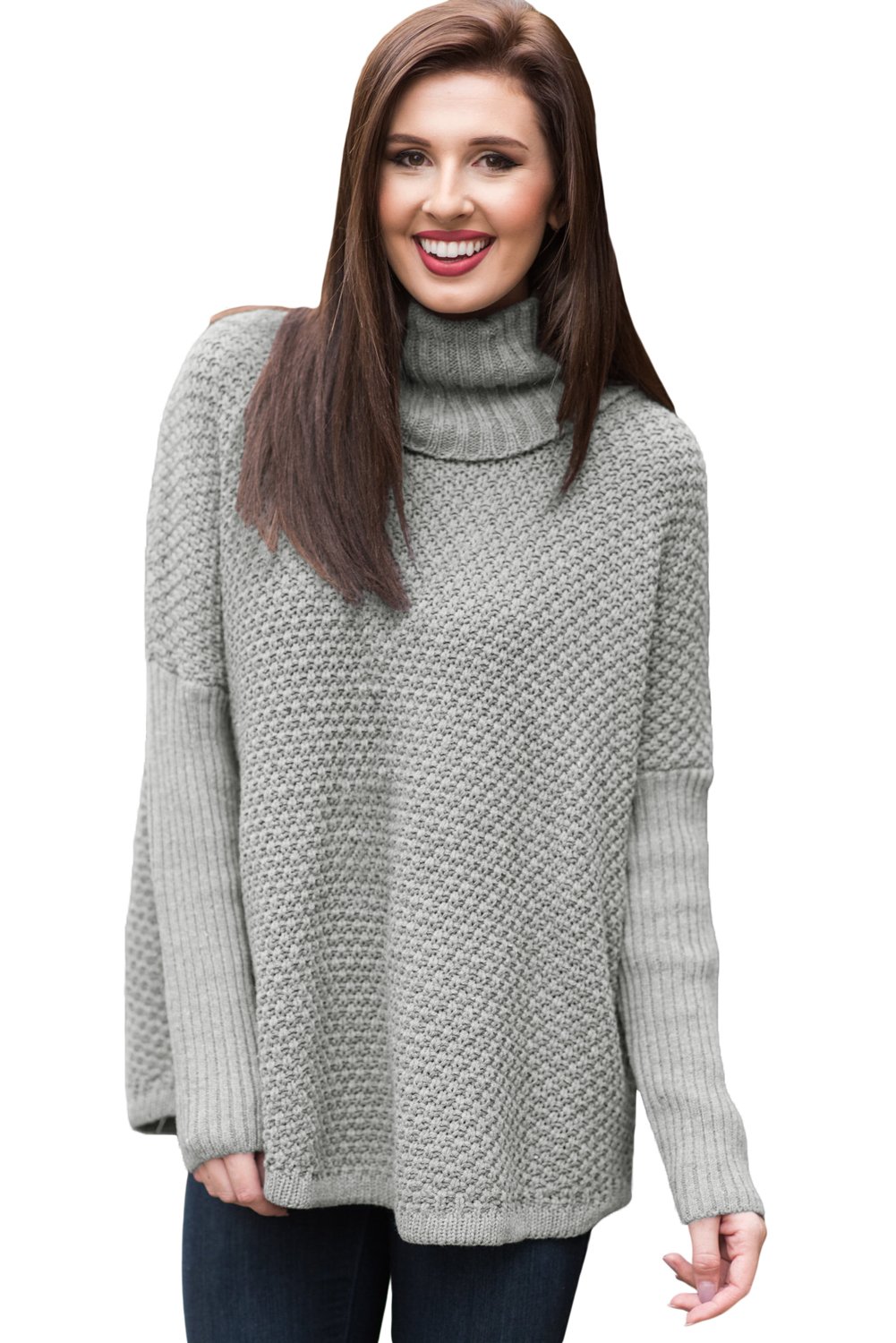 Grey Ribbed Sleeves Turtleneck Sweater Pullover