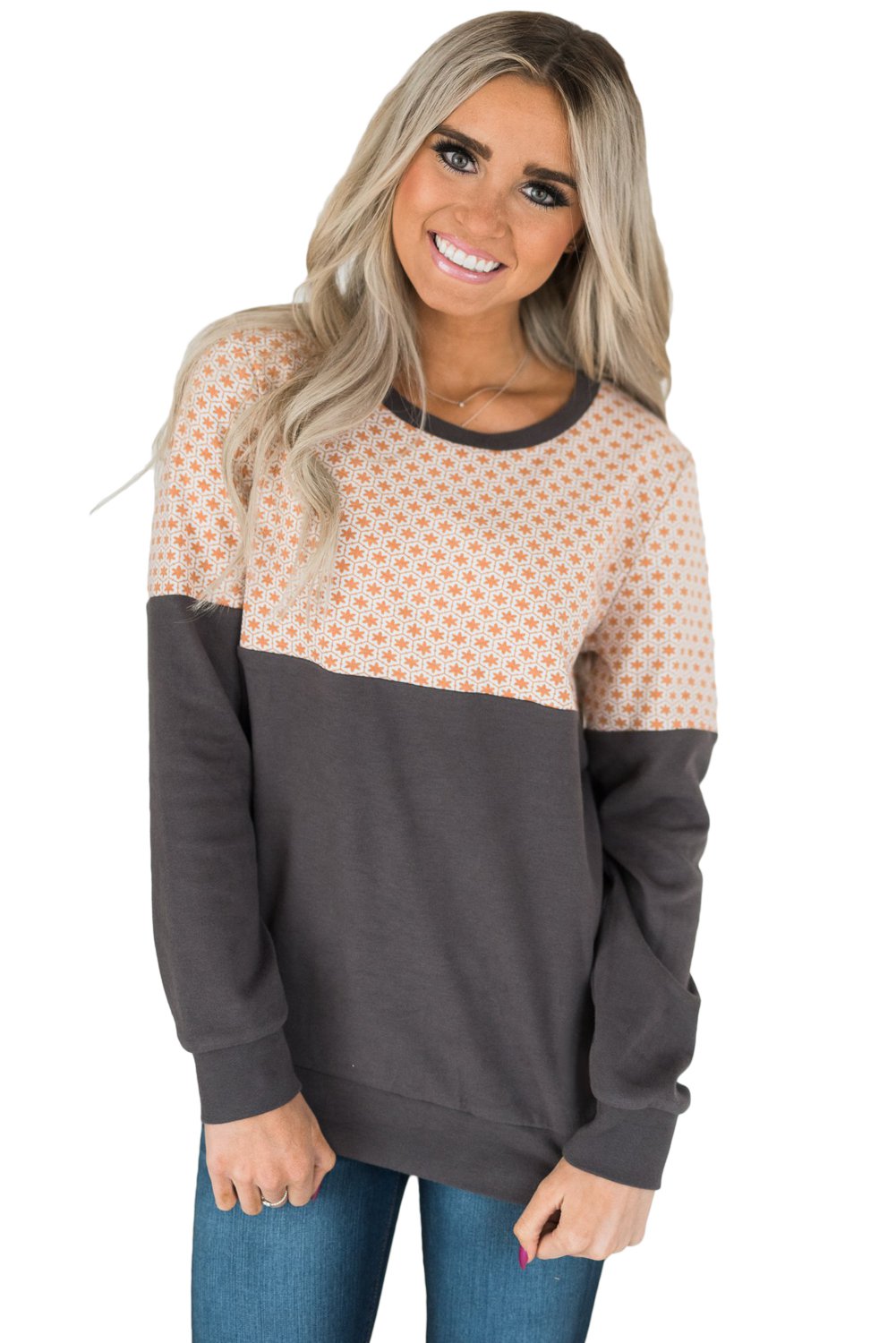 Snowflake Patchwork Grey Long Sleeve Sweatshirt