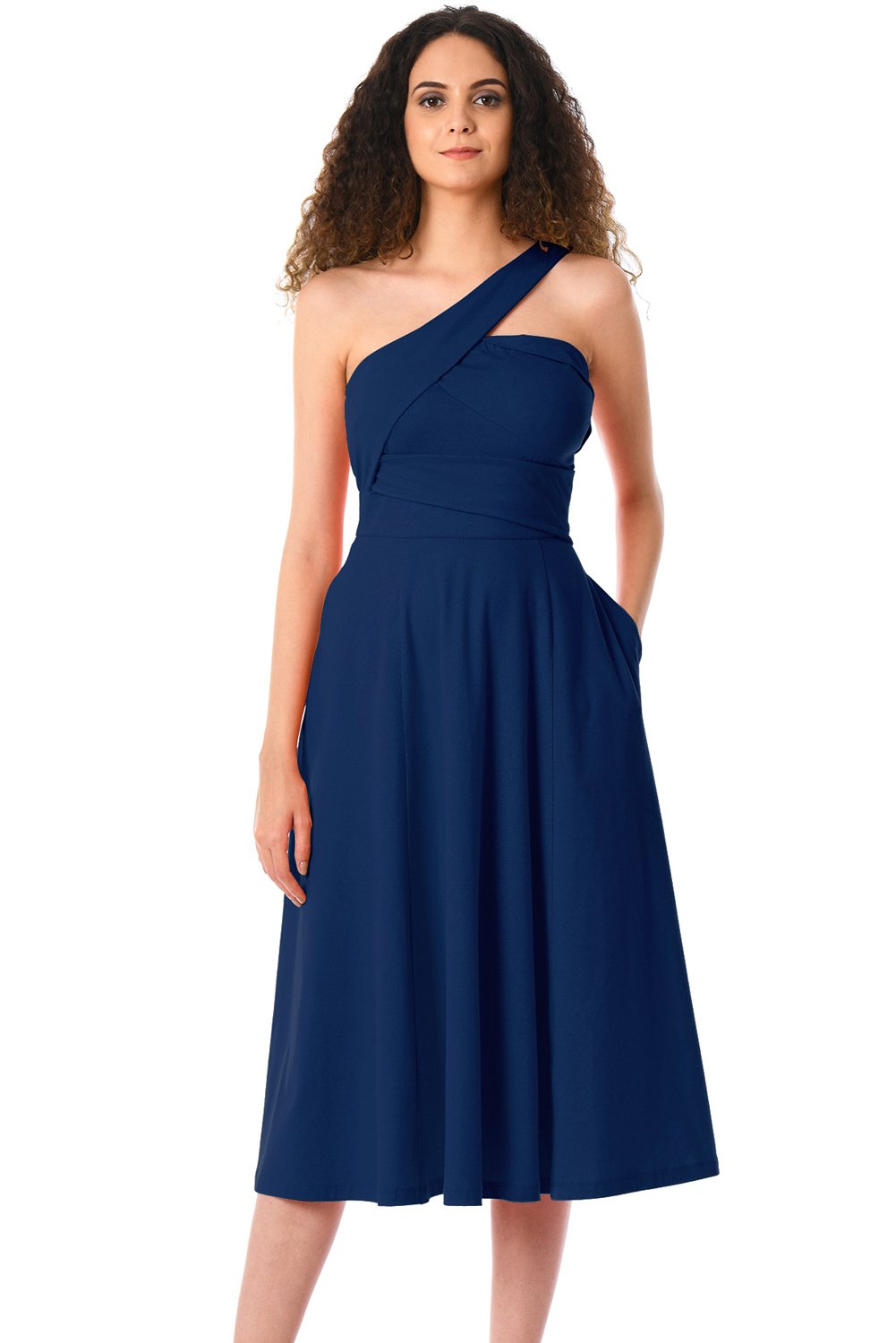 Fashion Navy Asymmetric One Shoulder Flared Midi Dress