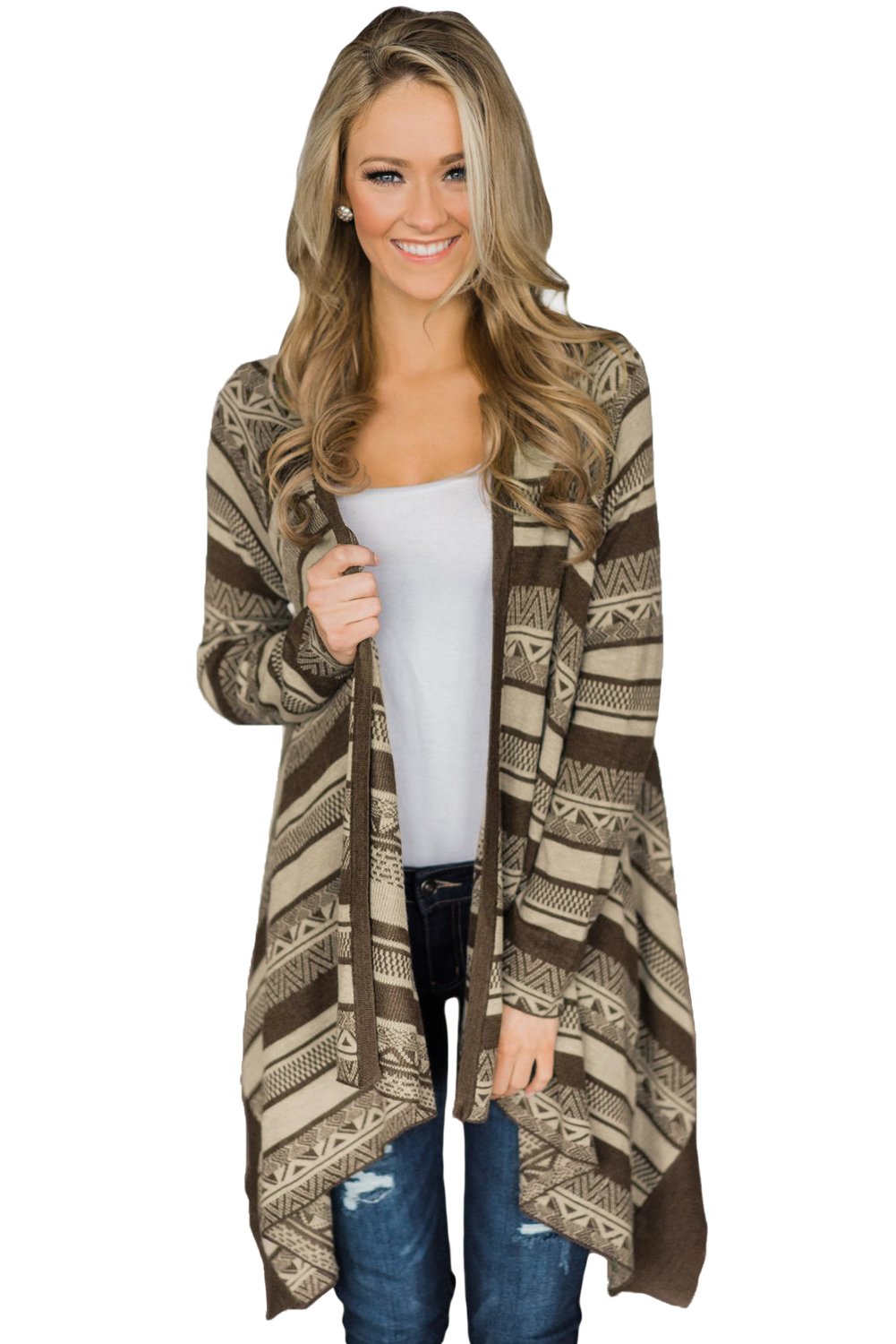 Coffee Draped Azetc Print Open Front Cardigan
