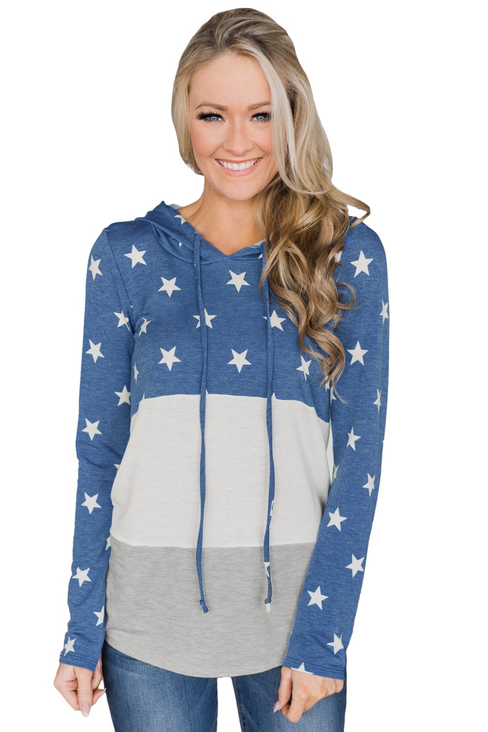 Navy Starry Splice Colorblock Drawstring Hoodie