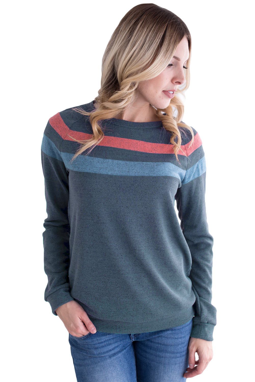 Bicolor Striped Atop White Casual Sweatshirt