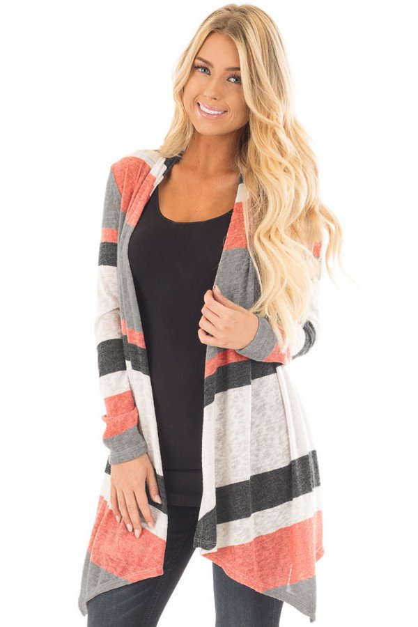 Mauve and Taupe Shawl Neck Colorblock Long Sleeve Cardigan