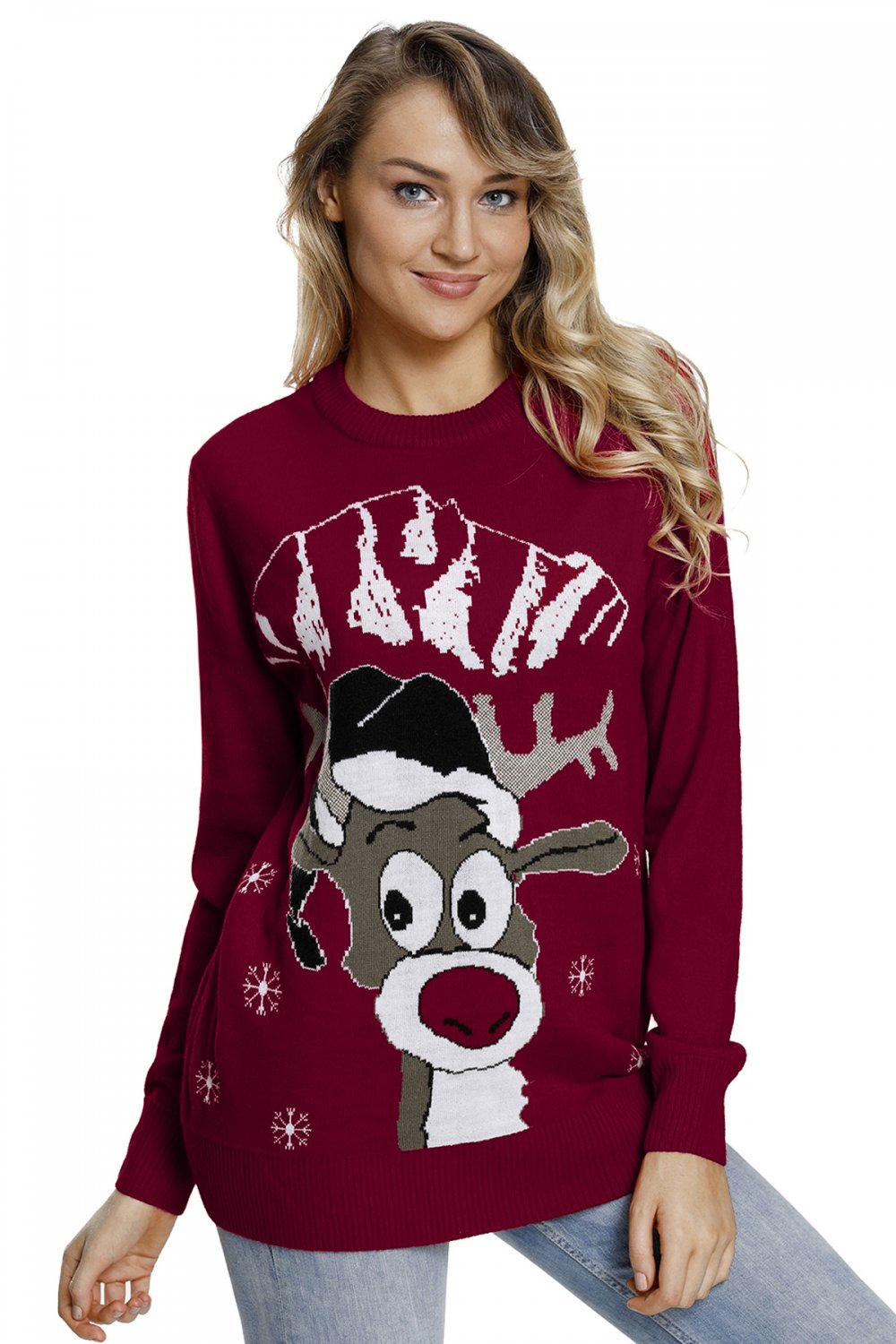 Red Christmas Reindeer Crew Neck Sweater