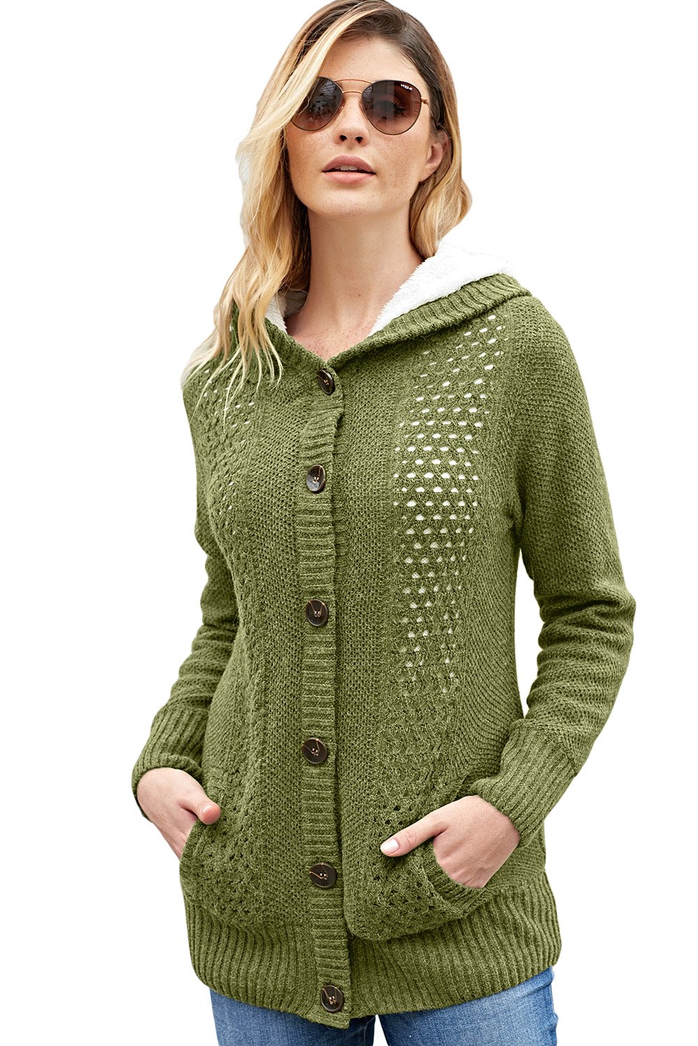 Fleece Hooded Olive Button Down Cardigan Sweater