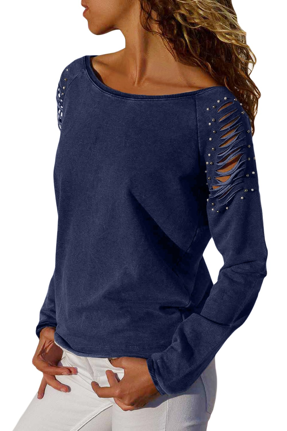 Navy Blue Ribbed Slash Pearl Detail Long Sleeve Top