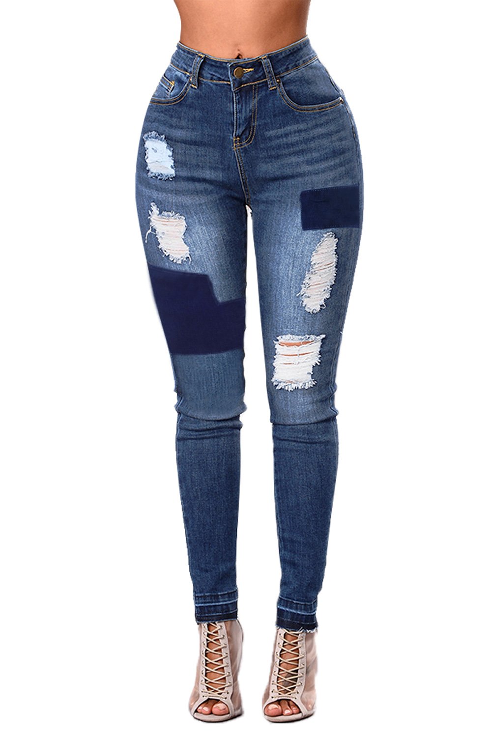 Blue Individual Patched Ripped Jeans