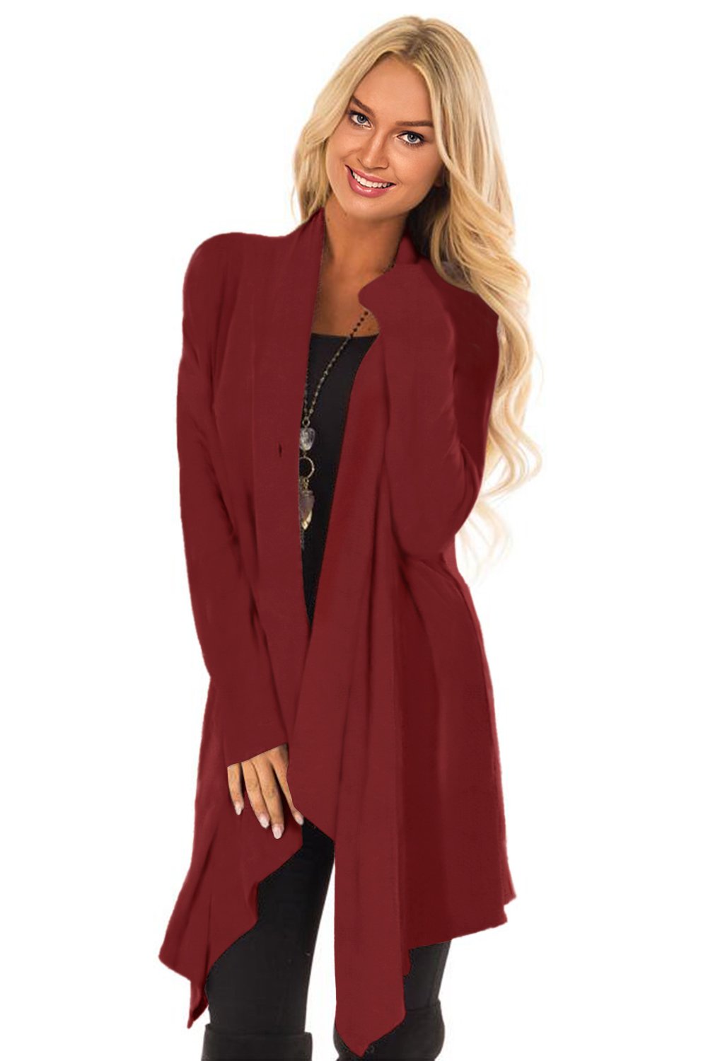 Burgundy Draped Open Front Asymmetrical Cardigan