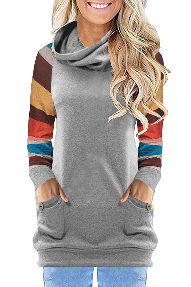 Multicolor Striped Raglan Sleeve Gray Cowl Neck Sweatshirt
