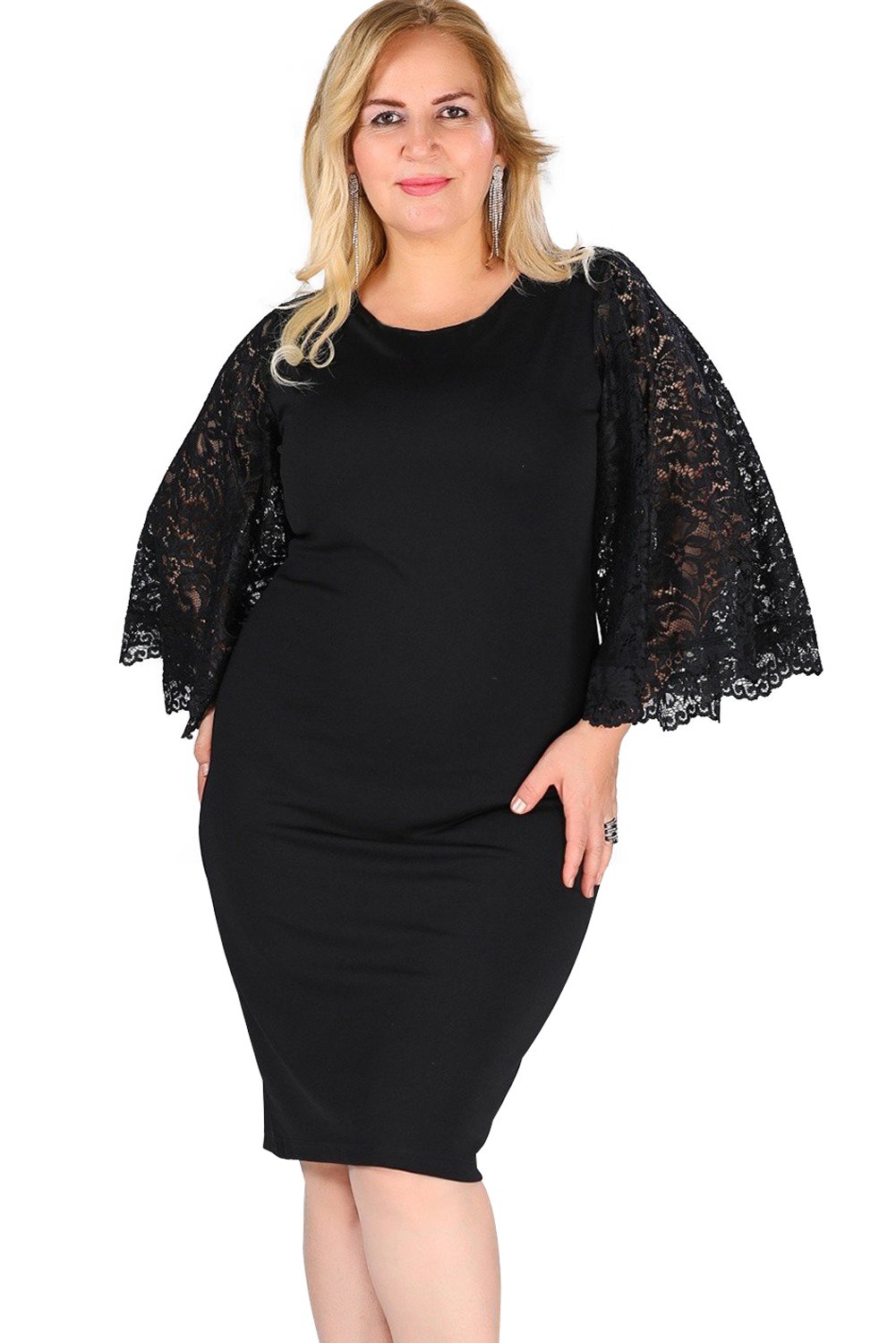 Black Lace Flutter Sleeve Plus Size Bodycon Dress