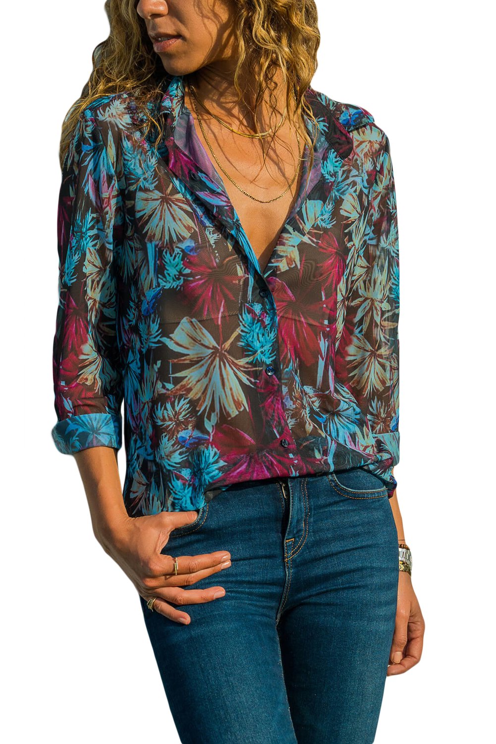 Blue Plant Print Women Shirt