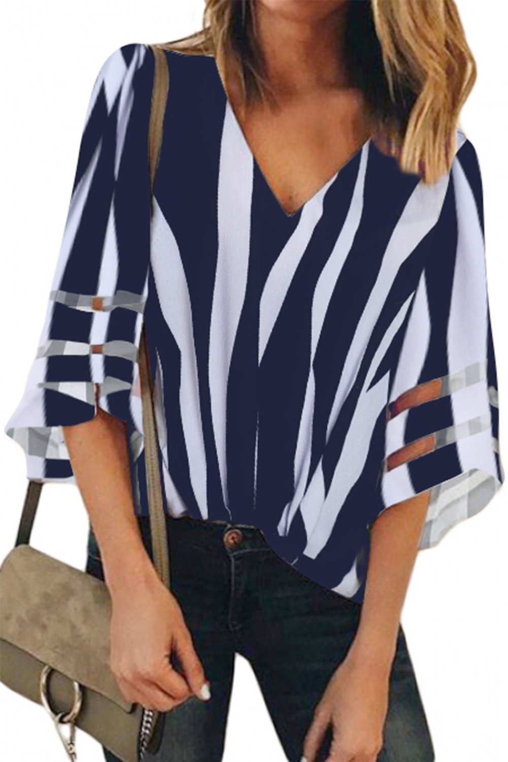 Blue 3/4 Bell Sleeve V Neck Lace Patchwork Shirt
