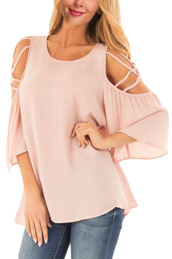 Pink Cold Shoulder Blouse with Strap Details