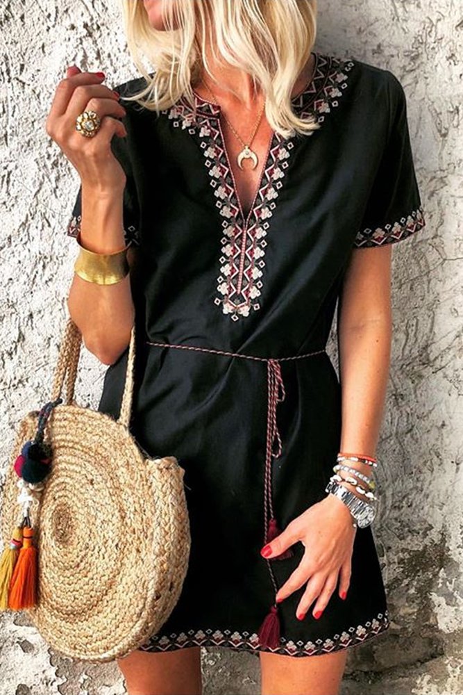 Black Summer Boho Embroidered V Neck Short Sleeve Mini Dress